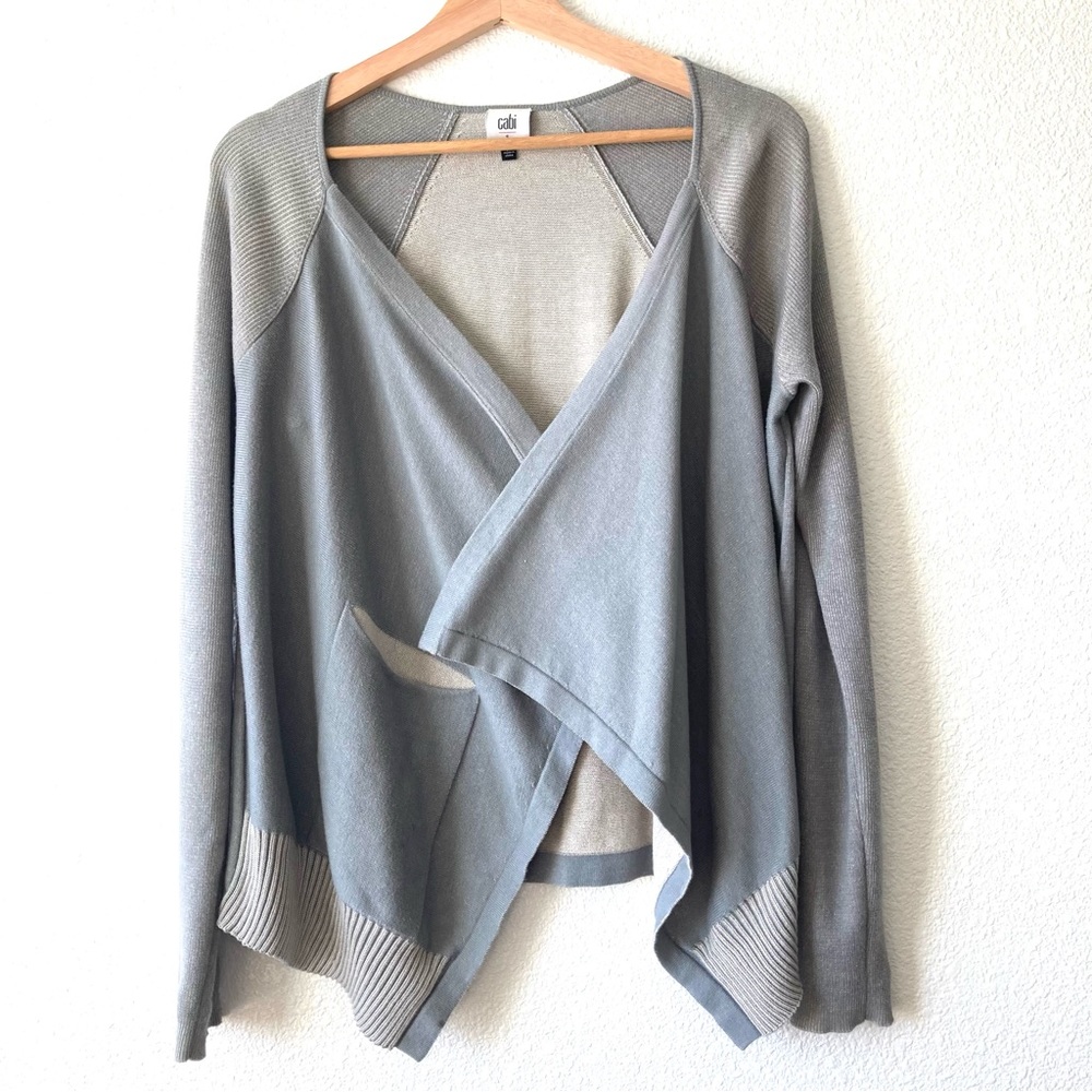 CAbi Cardigan Sweater Open Front Small Gray Cotton Ribbed Hem Minimalist